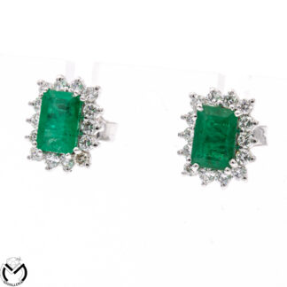Orecchini oro bianco 18 kt 750 diamanti 0,42 ct smeraldi 1,10 ct -Scelsi-