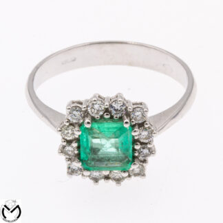 Anello in oro bianco 18 Kt 750 diamanti 0,34 ct e smeraldo 0,77 ct -Foress-