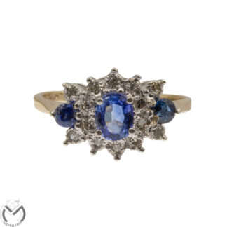 Anello in oro giallo bianco 9 Kt 375 zaffiro diamanti 0,24 ct -348/VE-