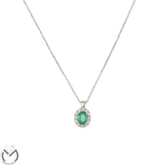 Collana oro bianco 18 kt 750 diamanti 0,07 ct smeraldo 0,20 ct -743/ST-